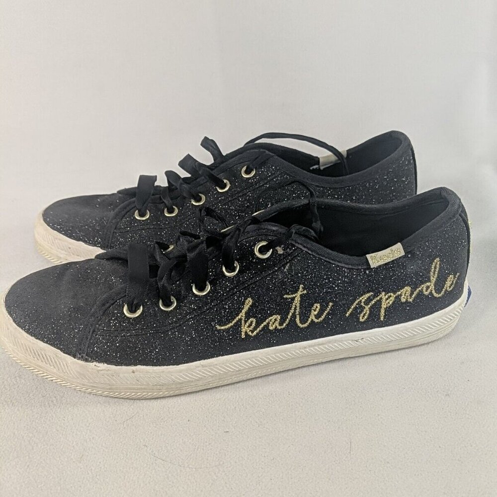 Kate Spade Keds Glitter Sneakers Shoes Black Gold Embroidered Lace 2.5 KK165467